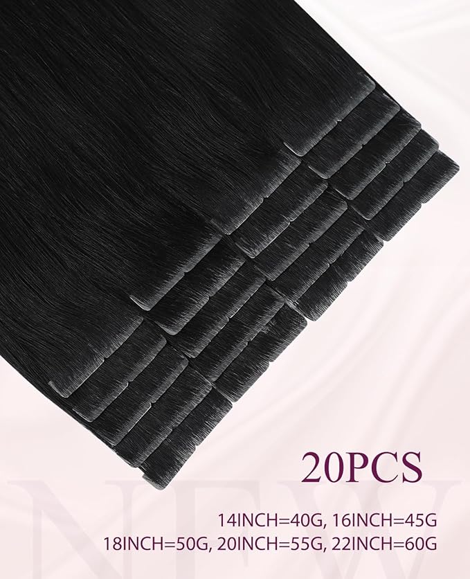 Pinkpearl Invisible Tape in Hair Extensions Human Hair, 20pcs 18inch 50g #1B Natural Black Injection Tape in Extensions Real Remy Straight Seamless Silky Human Hair Injected