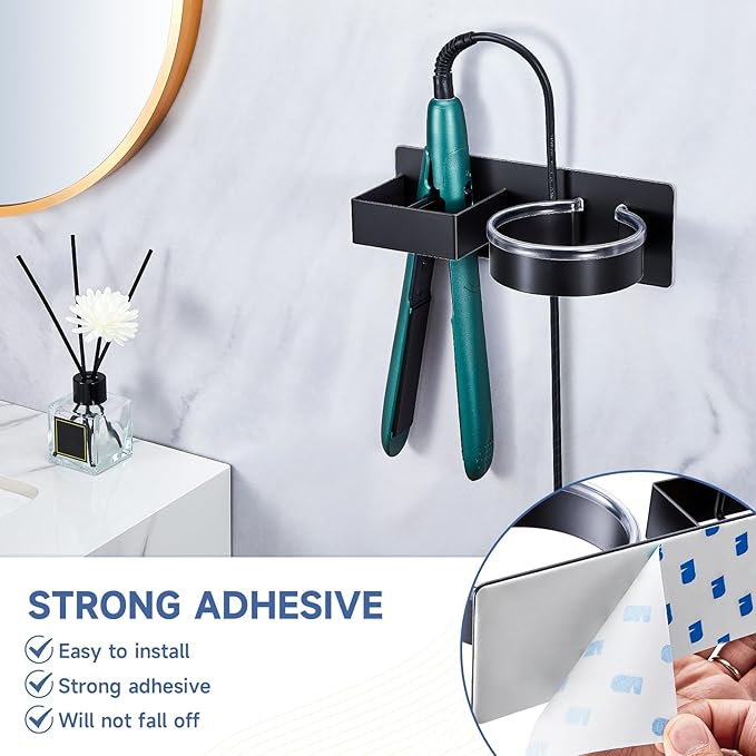 Hair Straightener Holder Wall, Blow Dryer Holder Wall Mounted Hairdryer Holder for Bathroom, Hair Tools Organizer & Storage Curling Iron Holder, Salon Hair Dryer Holder (Black)