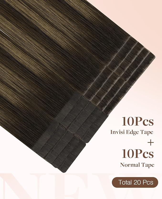 GOO GOO Invisi Edge Tape in Hair Extensions Human Hair, 2/6/2 Balayage Dark Brown to Chestnut Brown 10pcs injected with 10pcs classical tape ins, 22inch 50g, Virgin Remy Hair, Natural Look