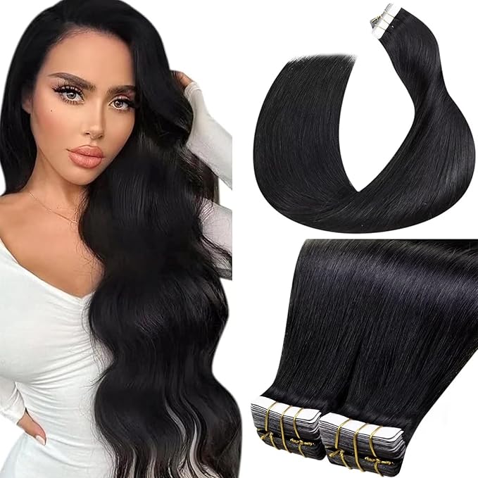 Laavoo Hair Tape in Extensions Jet Black Tape in Hair Extensions Human Hair Invisible Tapes on Extensions Real Human Hair 14inch 80g 20pcs