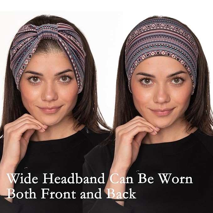 Cobahom 6 Pcs Wide Headbands for Women Non Slip Soft Fabric Hair Wrap Boho Head Bands Elastic Sport Hair Bands for Workout Yoga Running (Boho Stripe)