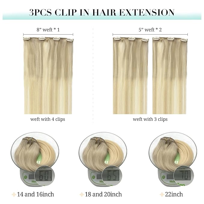 DOORES Clip in Hair Extensions, 70g 3pcs Balayage Ash Blonde to Golden Blonde and Platinum Blonde 22 Inch Human Hair Extensions Clip in Natural Hair Extensions