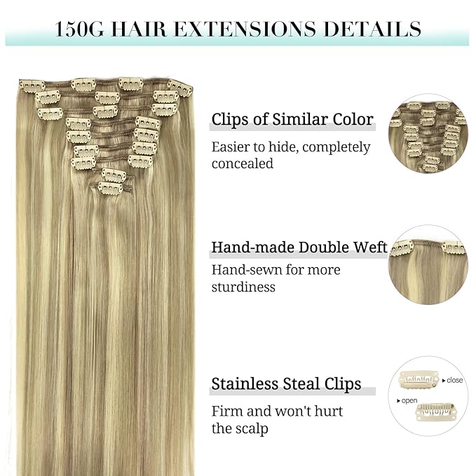 DOORES Human Hair Clip Extensions, Light Blonde Highlighted Golden Blonde 150g 9pcs 20 Inch, Natural Remy Clip in Hair Extensions Straight Thick Hair Extensions
