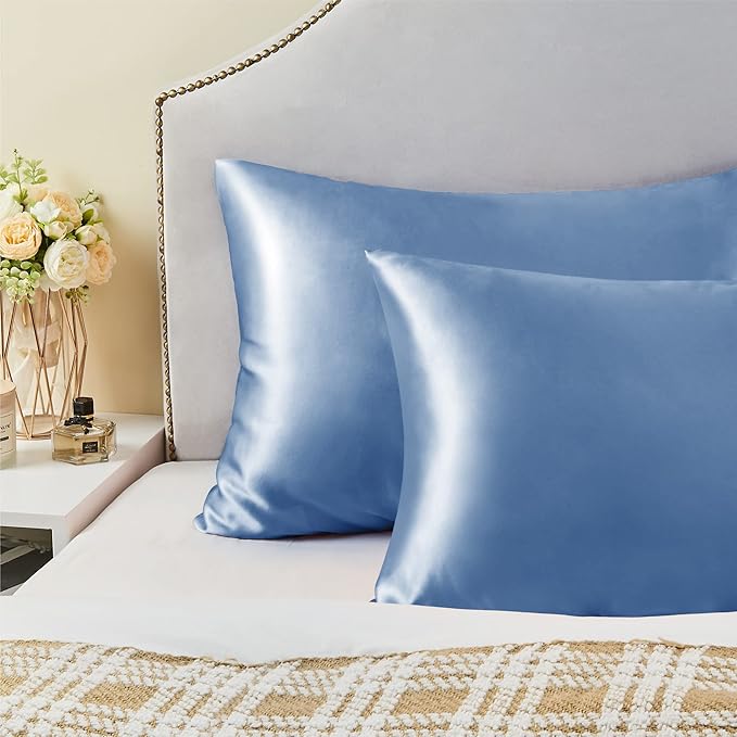BEDELITE Satin Pillowcase for Hair and Skin, Super Soft and Cooling Similar to Silk Pillow Cases 2 Pack with Envelope Closure, Gift for Women Men(20"x36" King Size, Airy Blue)
