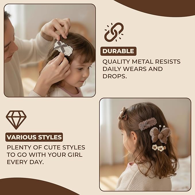 Hair Clips for Baby Girls-8 Pcs Beige Hair Accessories with Knitted Flower, Bow, Butterfly Designs-Soft Wool and Crochet Hairpins-Non-Slip Barrettes for Daily and Occasional Wear (Design 3-8pc Set)