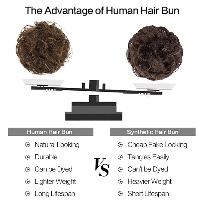 FESHFEN Human Messy Buns - 100% Human Hair Bun Real Scrunchies Hair Pieces Ponytail Extensions Wavy Tousled Updo Chignon Hairpieces for Women，Dark Brown Mixed Blonde