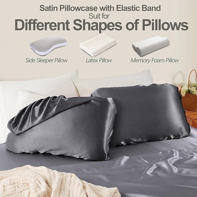 SiinvdaBZX Dark Grey Satin Pillowcase Standard/Queen Size Set of 2, Silky Travel Elastic Band Satin Pillow Case for Hair and Skin, Soft Portable & Fit for Various Pillow