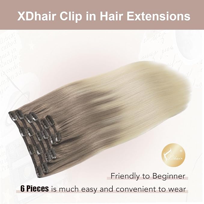 XDhair Hair Extensions Clip in Human Hair 100g 14 Inch Ash Brown to Platinum Blonde Human Hair Clip in Extensions Double Weft 6pcs for Women(14, #8T60)