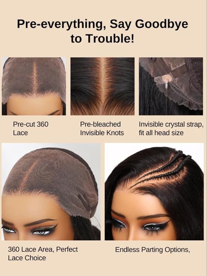 KLAIYI Water Wave Pre Cut 360 Full Lace Frontal Glueless Wig Human Hair Drawstring Pre Plucked Bleached Bye Bye Knots Pre Everything Ready to Wear And Go Curly Beginner Wig with Baby Hair 180% 26Inch