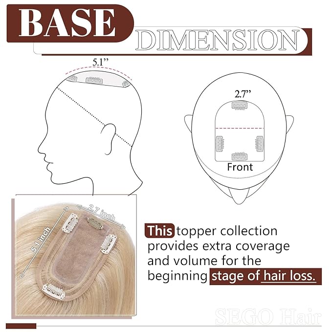SEGO Real Human Hair Topper for Women without Bangs, Hair Topper with Anti-Slip Clips (16 Inches Ash Blonde Mix Bleach Blonde)