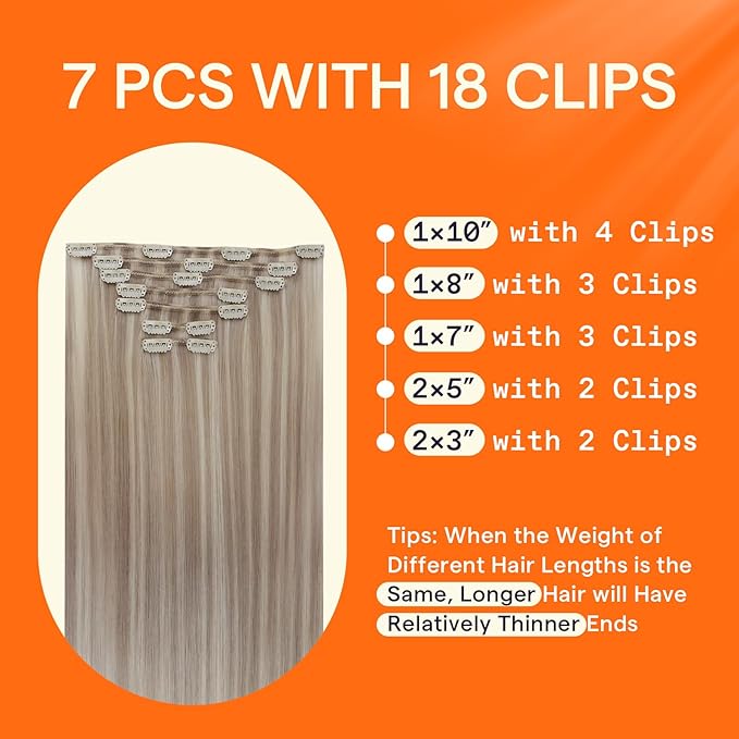 Full Shine Clip in Extensions Human Hair Blonde Clip in Hair Extensions Real Human Hair #18P613 Ash Blonde Highlighted Hair Extensions Remy Hair Brazilian Hair 7 Pcs 16 Inch 120 G