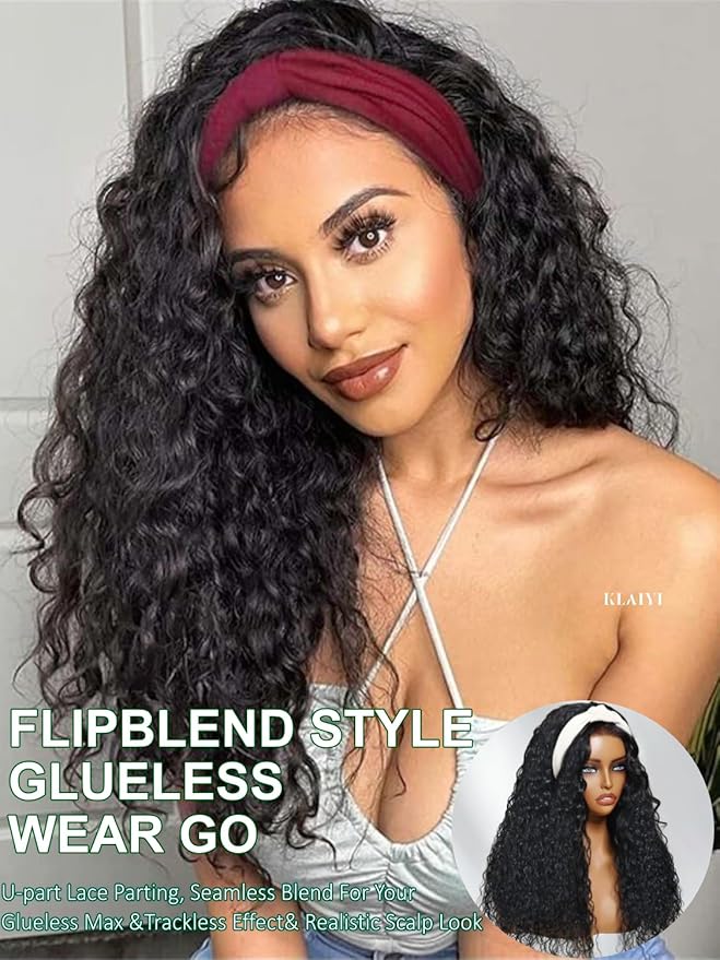 KLAIYI Water Wave 3 In 1 Flip Over 3/4 Half Wig Human Hair Curly Flip Over Seamless Blend Edges Glueless Wear and Go Drawstring Headband Clip In Wigs for Women Ready to Go Wig Beginner Friendly 16Inch