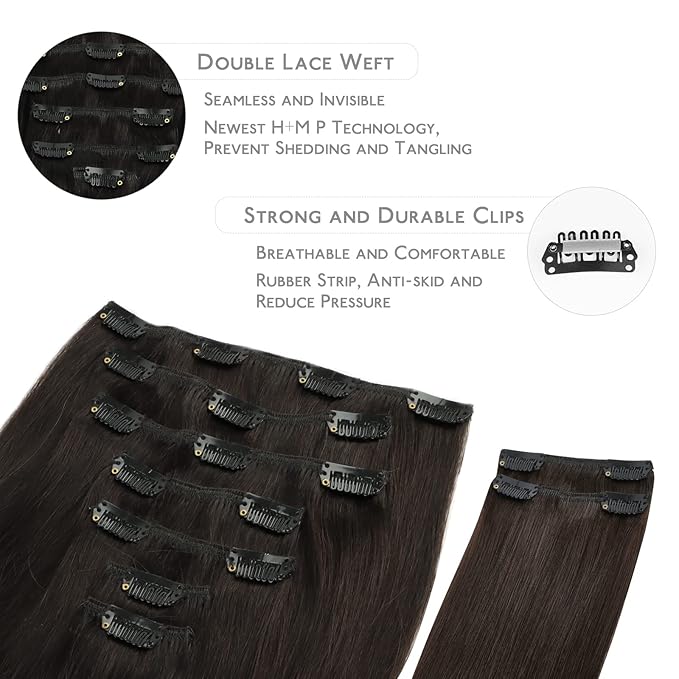WENNALIFE Clip in Hair Extensions, 150g 14 Inch 9pcs Dark Brown Remy Hair Thicker Double Weft Extensiones De Cabello Humano Con Clip Ins Straight Full Volume