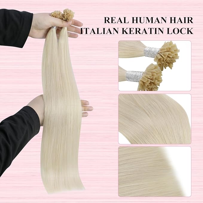 YoungSee U Tips Hair Extensions Real Human Hair Blonde Utip Real Hair Extensions Platinum Blonde 20 Inch K Tips Hair Extension Human Hair Hot Fusion Ktip Extension For Women 1G/S 50G