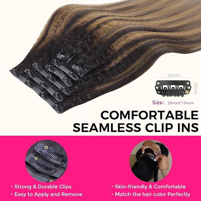 Lashey Seamless Clip in Hair Extensions Human Hair Kinky Straight 110g 7pcs 16 Inch Natural Black Mixed Chestnut Brown Clip in Hair Extensions with Soft PU Weft