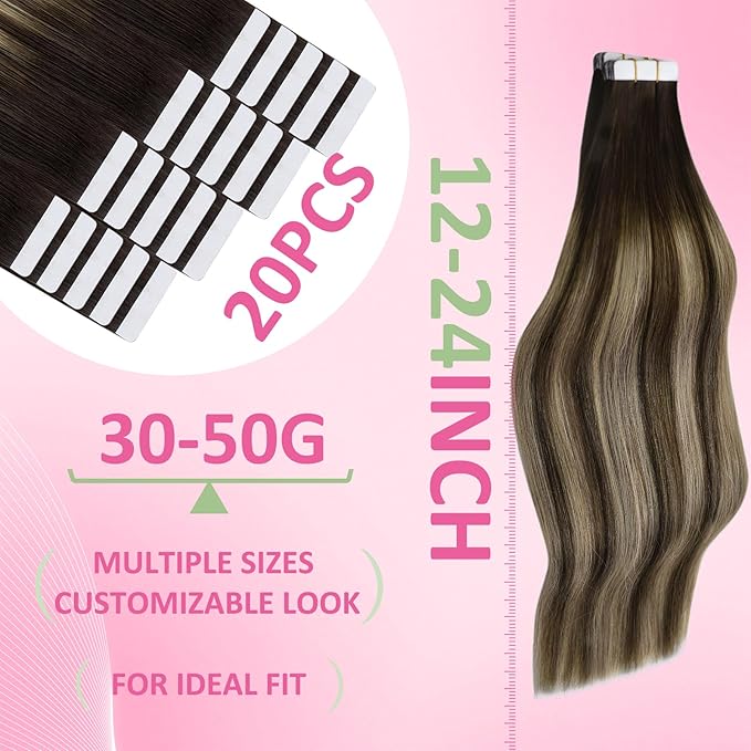 YoungSee Tape in Hair Extensions Real Human Hair Balayage Tape Extensions Human Hair Dark Brown Ombre Blonde with Brown Tape in Extension Real Hair 22 Inch 20pcs 50g Soft Hair Extension