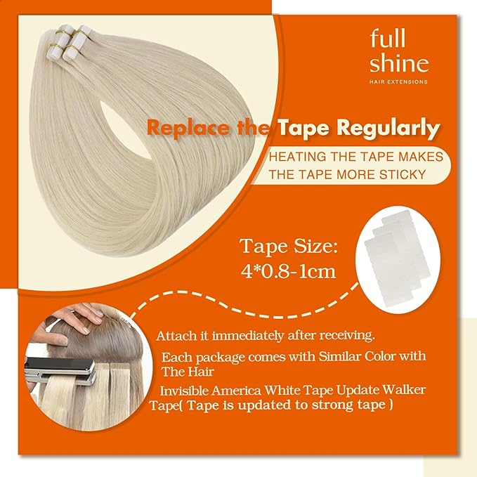 Full Shine Blonde Hair Extensions Color 60 Blonde Tape in Hair Extensions 20Inch Invisible Skin Weft Double Sided Straight Extension for Women Daily Office Look 100G 40Pcs Add Length