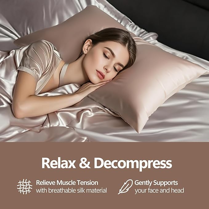 Set of 2 100% Mulberry Silk Pillow Cases - 6A Luxury Silk Pillowcase for Hair and Skin – Anti-Wrinkle, Cooling & Smooth, Hidden Zipper – Pillowcases for Sleeping Women Girl, Boy (Beige, Standard)