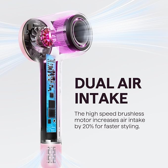 Hair Dryer, Wavytalk Turblow Pro Fast Drying Blow Dryer with Diffuser, High Speed Hair Dryer with 110,000 RPM, Pro Negative Ions for Reduces Damage, Frizz Smoothing, 3 Speeds & 3 Temps, Pink