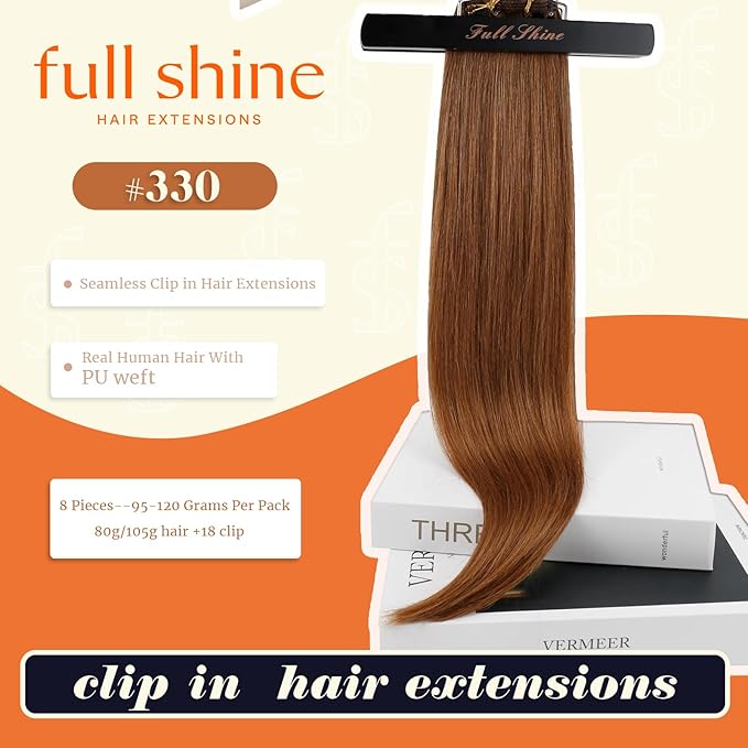 Full Shine Clip in Hair Extensions Copper Brown Human Hair 18 Inch Clip in Real Hair PU Weft Copper Red Human Hair Clip ins Extensions Auburn Brown Natural Ends 120 Grams 8 PCS