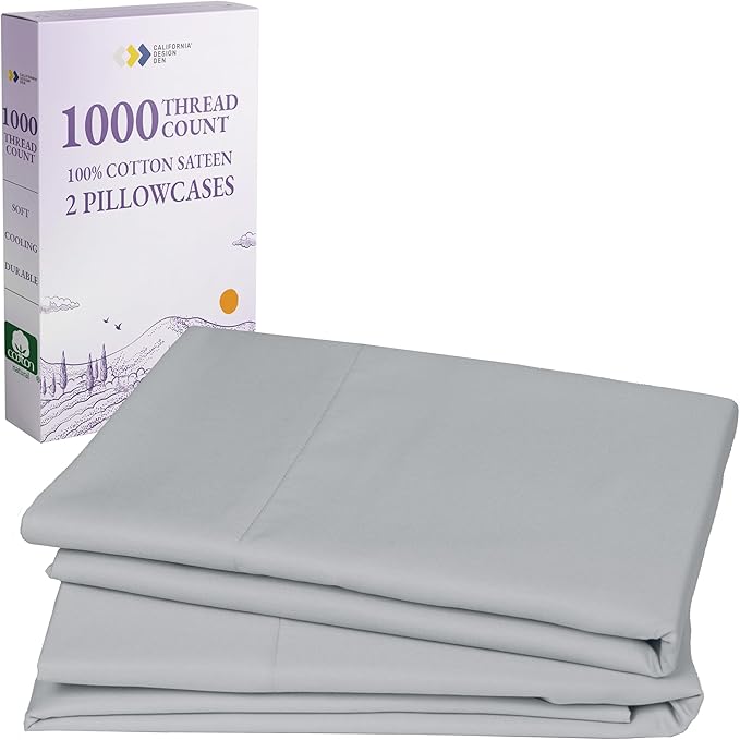 California Design Den Pillow Cases Standard Size Set of 2-1000 Thread Count Sateen, Soft & Thick 100% Cotton Standard/Queen Size Pillow Case Set, Durable - Light Grey