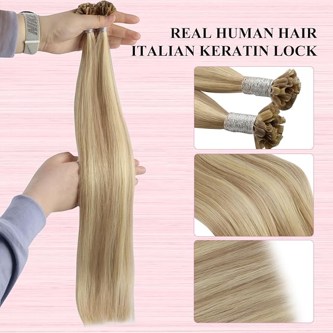 YoungSee U Tip Hair Extensions Human Hair Highlight Golden Blonde and Medium Blonde Ktips Hair Extensions Real Hair 18 Inch U Tips Human Hair Extension Straight K Tip Extension Add Volume 1G/S 50G