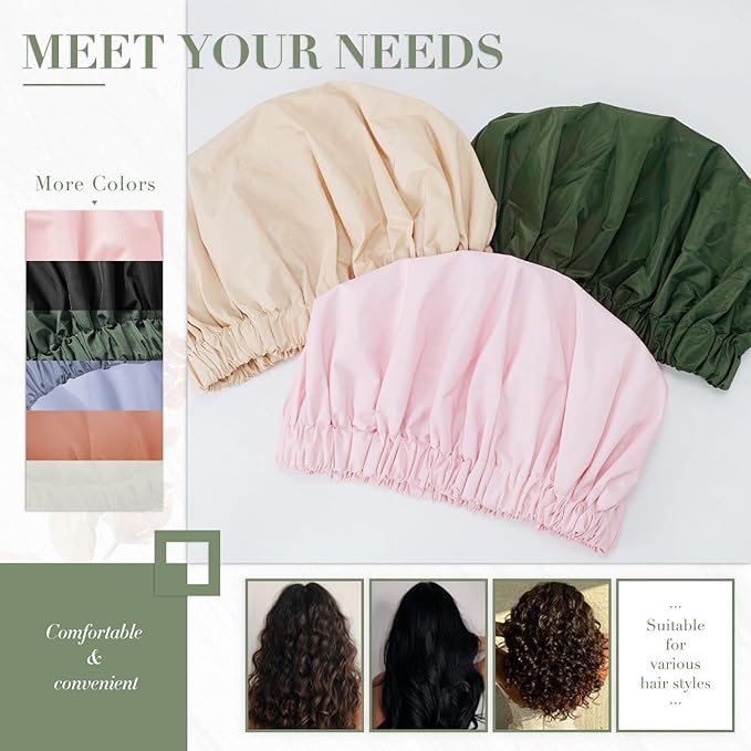 Reusable Shower Cap for Women, Large Waterproof Shower Essentials Bonnet Washable Elastic Band Bath Hair Wrap Hat for Long Hair, Braids(Gray)