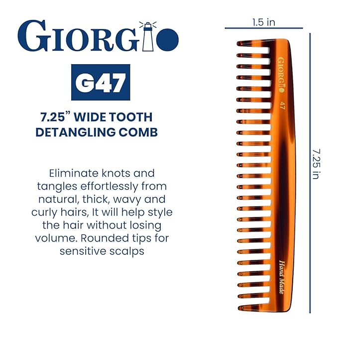 Giorgio G47 Detangling wide tooth comb for Thick Long Curly Wavy Hair. Detangler Comb For Wet and Dry Hair. Handmade, Extra Wide Tooth Comb Saw-Cut, Hand Polished, Tortoise Shell (6")
