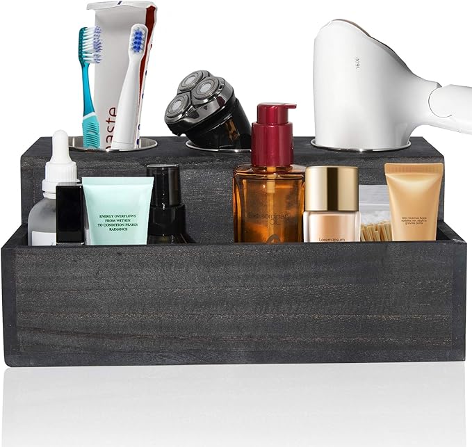Wooden Hair Dryer Holder - Rustic Hair Tools Organizer with 3 Circular Holes and 1 Compartment, Bath Accessories Supplies Organizer for Bathroom Vanity Countertop Storage Hair Dryer, Vintage Black