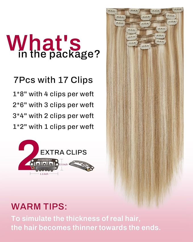 Moresoo Clip in Hair Extensions Brown with Blonde Highlights Clip ins Human Hair Yellow Brown with Platinum Blonde Full Head 120g/7pcs 18 inch
