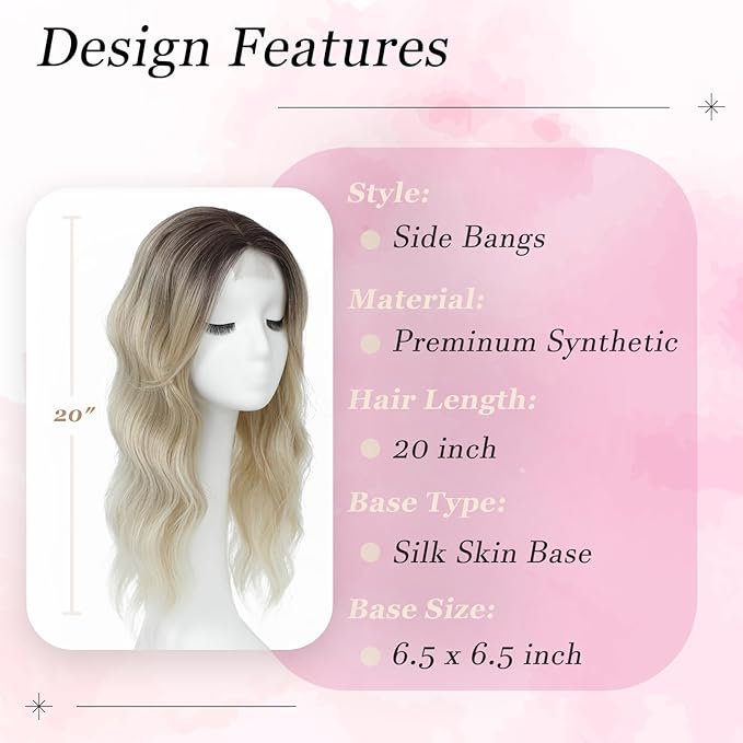 Hair Topper, 360° 3D Hair Toppers for Women with Thinning Crown, 20 Inch Long Wavy Curly Hair Pieces Clip in Bangs (Ombre Light Blonde with Dark Root, 20 inch, Side Bangs)
