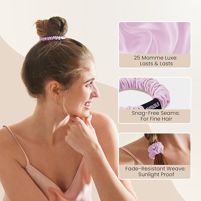 THXSILK 100% Mulberry Silk Scrunchies 3-Pack, 25 Momme Mulberry Silk Hair Ties for Women, Sleek Low Profile No Damage Ponytail Holders, for Fine Hair & Everyday Use, Light Purple