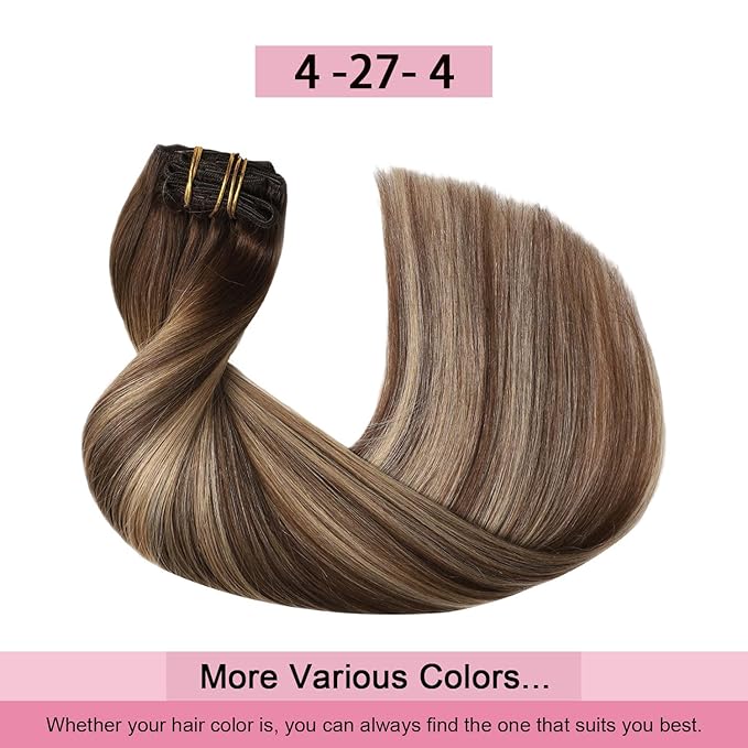 Pro2.0 Remy Clip in Extensions Real Human Hair Color #4/27/4 Chocolate Brown to Caramel Blonde Remy Clip in Hair Extensions Real Human Hair 18inch 120g Thick 7pcs Double Weft（#4/27/4-18inch）