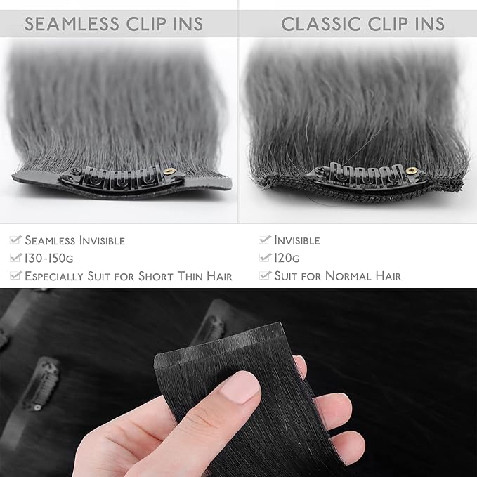 WENNALIFE Seamless Clip In Hair Extensions, 22 Inch 150g 7pcs Jet Black Hair Extensions Clip in Human Hair Invisible PU Skin Weft Natural Remy Human