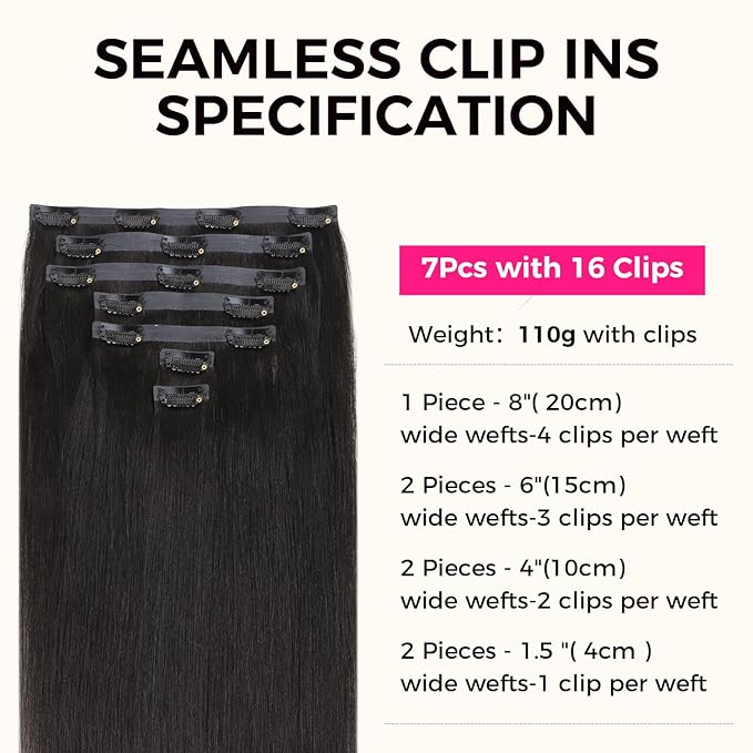 Lashey Seamless Hair Extensions Real Human Hair 110g 7pcs Light Yaki Straight Clip in Hair Extensions Natural Black 24 Inch Seamless Long Clip ins for Women