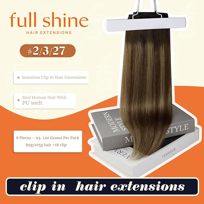 Full Shine Clip in Human Hair Extensions Balayage Dark Brown to Brown Mix Caramel Blonde Clip in Hair Extensions Softness Remy Hair 14 Inch 8 PCS 120 Grams