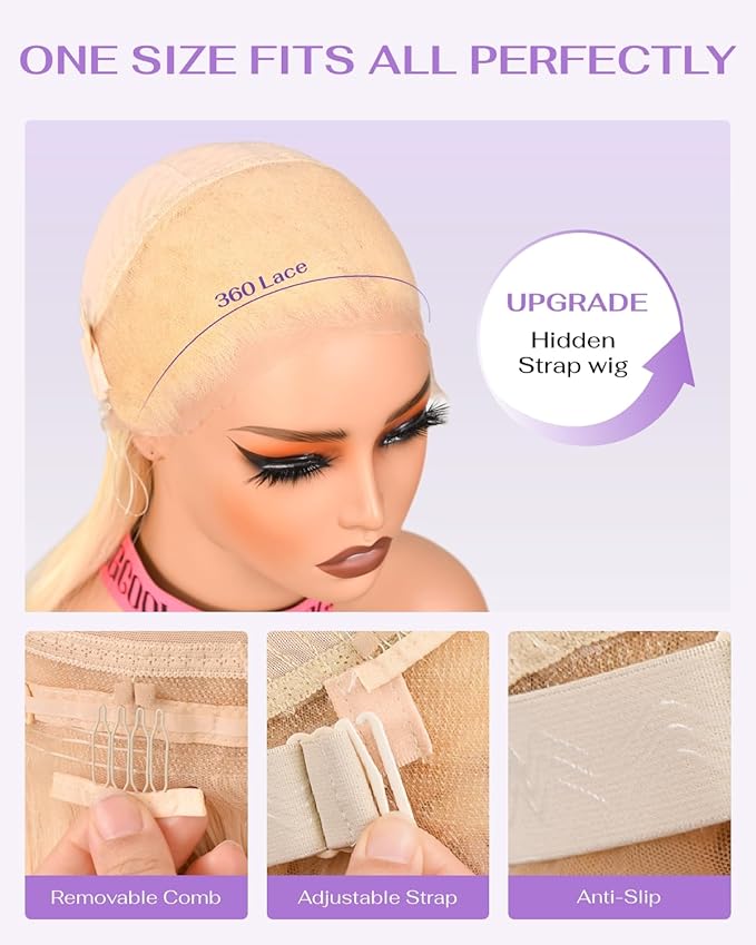 Hidden Strap Straight 360 613 Lace Front Wigs Human Hair Invisible Strap Pre Plucked 180% Density SALON-Quality Blonde Wig with Drawstring Glueless Wigs HD Full Lace Human Hair Wigs 26inch