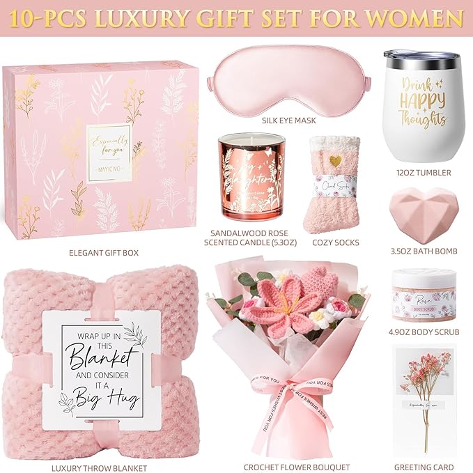 Birthday Gifts for Women Self Care Package Get Well Soon Gift Baskets, Thinking of You Sympathy Spa Gift Set w/ Crochet Flower Bouquet, Unique Christmas Gifts for Women Mom Her Best Friend Sister Wife