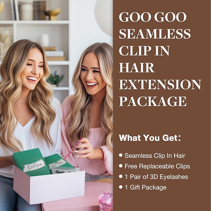 GOO GOO Clip in Hair Extensions Real Human Hair, Remy Human Hair Extensions Clip ins for Women, Natural Human Hair, 16inch 130g 7Pcs, 18D/22F Dirty Blonde Highlights
