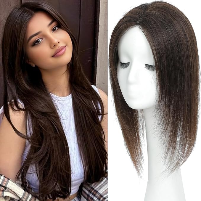 Hair Toppers for Women Real Human Hair, 360°3D Topper for Women with Thinning Crown Wispy Clip in Bangs Breathable Hand Tied Craft Big Coverage Hairpieces(Mocha（Big Coverage）, 14 Inch-3D-Side)