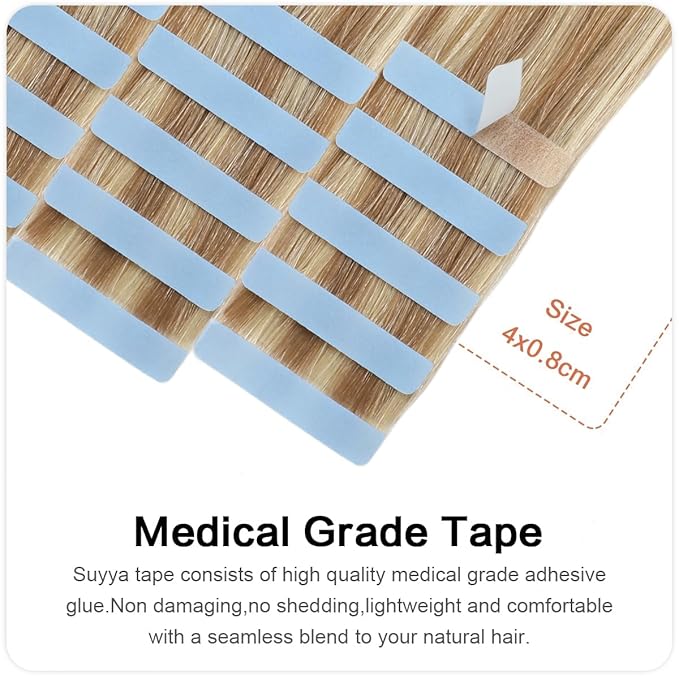SUYYA Invisible Tape in Hair Extensions Human Hair Seamless Injected Hand-Tied Pro Quality Virgin Human Hair Tape Ins Ash Blonde Highlighted Bleach Blonde 20PCS 50G/Pack Straight(20 inch #P18/613)