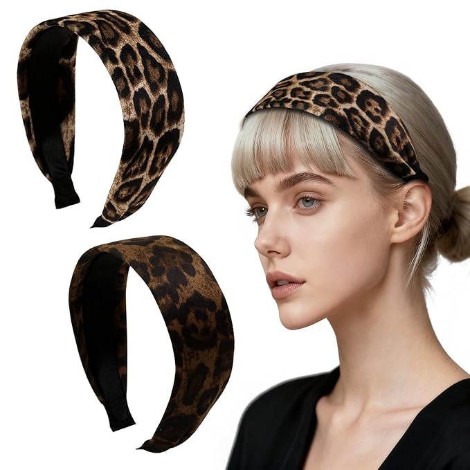 Ivyu 2 Pack Wide Leopard Headbands for Women, Non-Slip Elastic Hair Bands Soft Fabric Head Band for Daily Wear, Makeup, Travel Fashion Hair Accessories for Girls