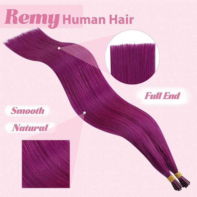 YoungSee Itip Human Hair Extensions Purple Human Hair I Tip Extension 22 Inch Itips Hair Extension Real Human Hair Purple I-Tips Pre Bonded Long Hair Cold Fusion 25s 25g