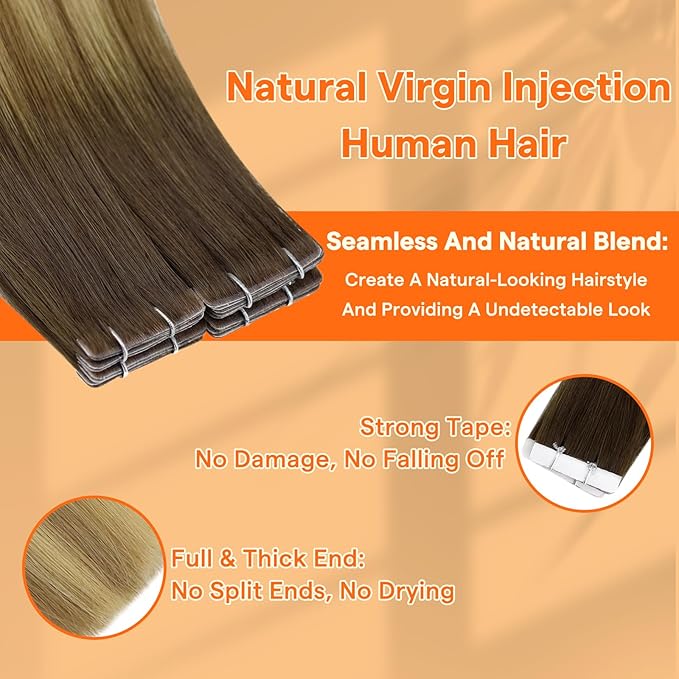 Full Shine Injection Tape in Hair Extensions Human Hair Color 3/8/22 Balayage Virgin Extensions 16Inch Invisible Tape in Human Hair Extensions Machine Remy Tape ins 20Gram 10Pcs For Women