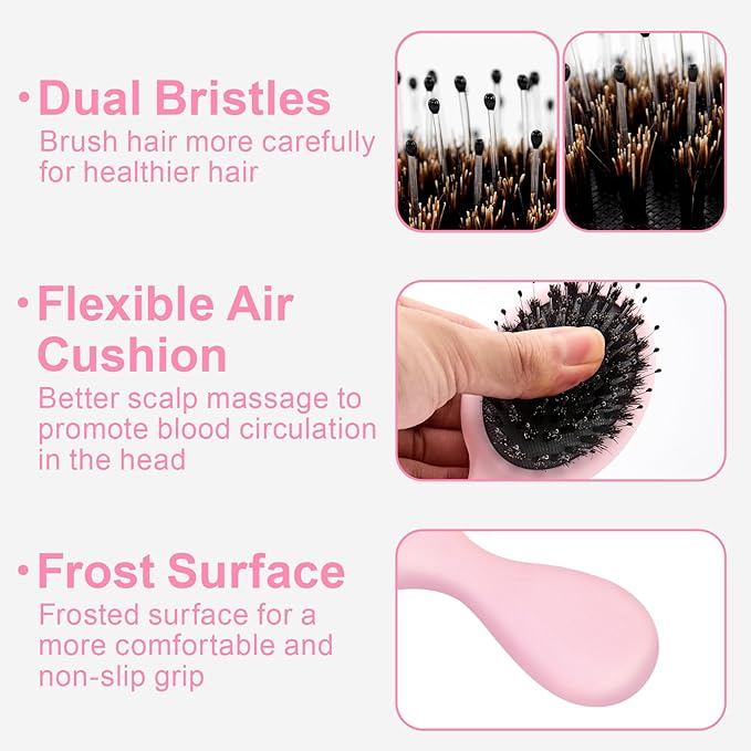 Mini Boar Bristles Hair Bursh, Travel Size Hair Brush for Women Men Kids, Protable Small Hair Brushes for Pockets Purses, Mini Hair Brush for Smooth Add Shine (1 Pack-Pink)