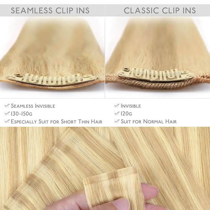 WENNALIFE Seamless Clip In Hair Extensions, 14 Inch 7pcs 130g Light Blonde Highlighted Golden Blonde Hair Extensions Clip In Real Human Hair Extensions Invisible PU Weft Human