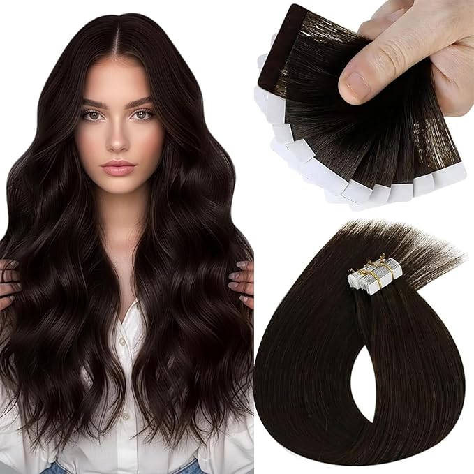 Sunny Hair Tape in Hair Extensions Real Human Hair Invisible Remy Hair Extensions Tape ins for Women Dark Brown 14 inch 25G