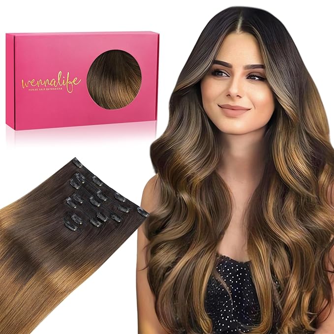 WENNALIFE Clip in Hair Extensions Real Human Hair, 14 Inch 110g 7pcs Remy Hair, Ombre Dark Brown to Light Chestnut Brown Straight Natural Extensiones De Cabello Humano Con Clip Ins