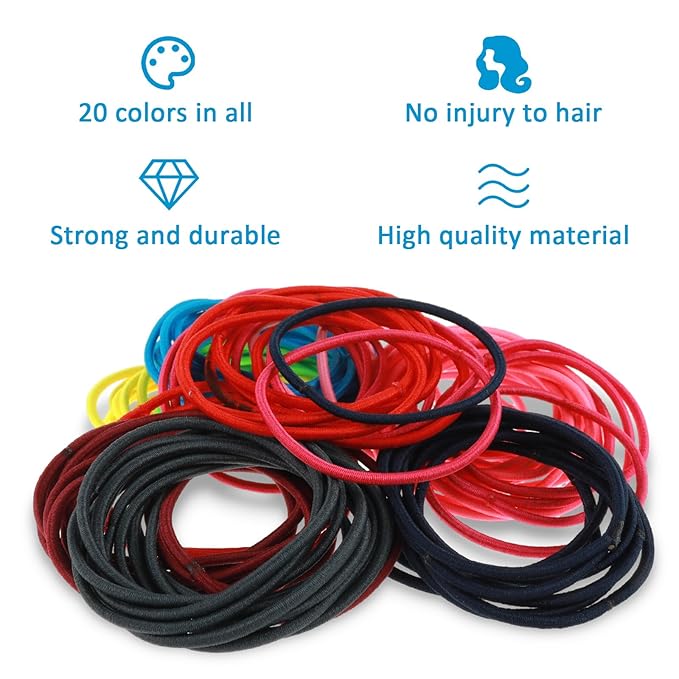 200PCS Basics Pony Tail Hair Ties, Multicolor Hair Ties, Elastic Rubber Bands for Women, Seamless Ponytail Holders for Thick Curly Hair, Thin Curly Hair Ponytail Holder (Rainbow Colors)