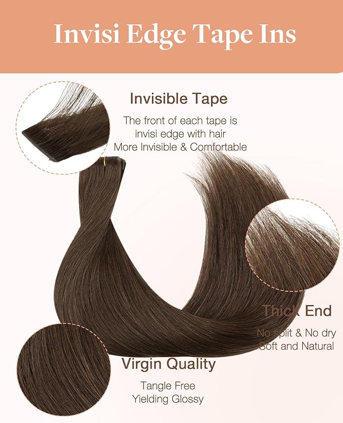 GOO GOO Invisi Edge Tape in Hair Extensions Human Hair, 4A Chocolate Brown 10pcs injected with 10pcs classical tape ins, 22inch 50g, Virgin Remy Hair, Natural Look